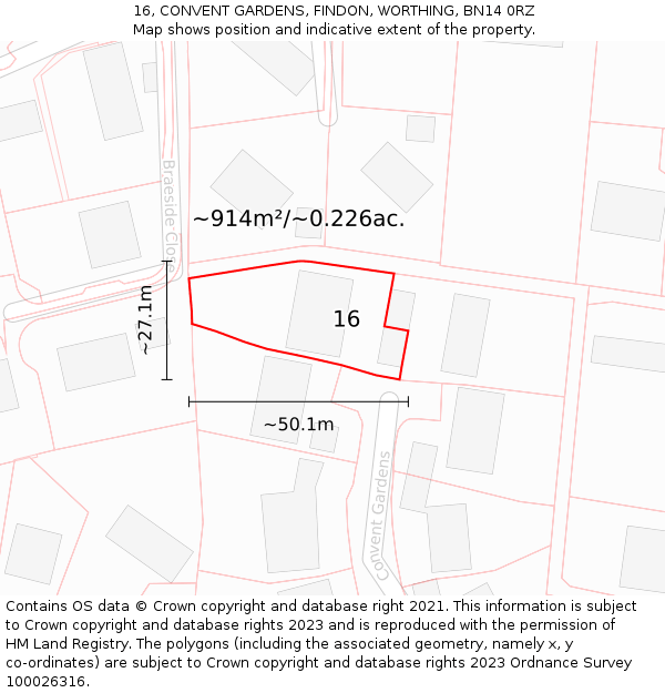 16, CONVENT GARDENS, FINDON, WORTHING, BN14 0RZ: Plot and title map