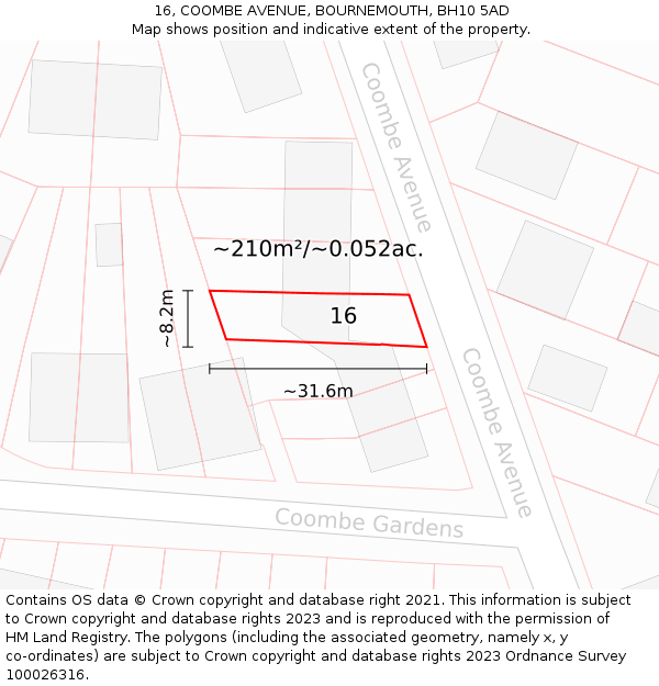 16, COOMBE AVENUE, BOURNEMOUTH, BH10 5AD: Plot and title map