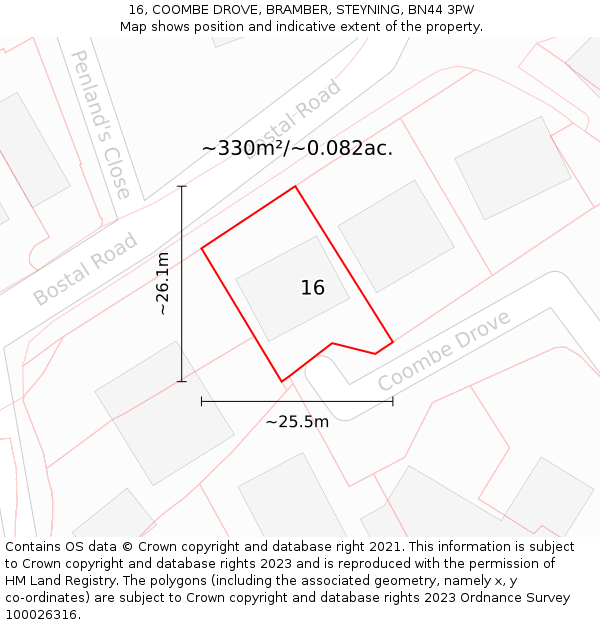 16, COOMBE DROVE, BRAMBER, STEYNING, BN44 3PW: Plot and title map