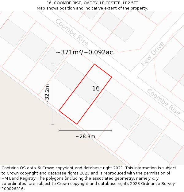 16, COOMBE RISE, OADBY, LEICESTER, LE2 5TT: Plot and title map