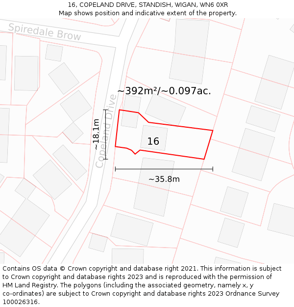 16, COPELAND DRIVE, STANDISH, WIGAN, WN6 0XR: Plot and title map