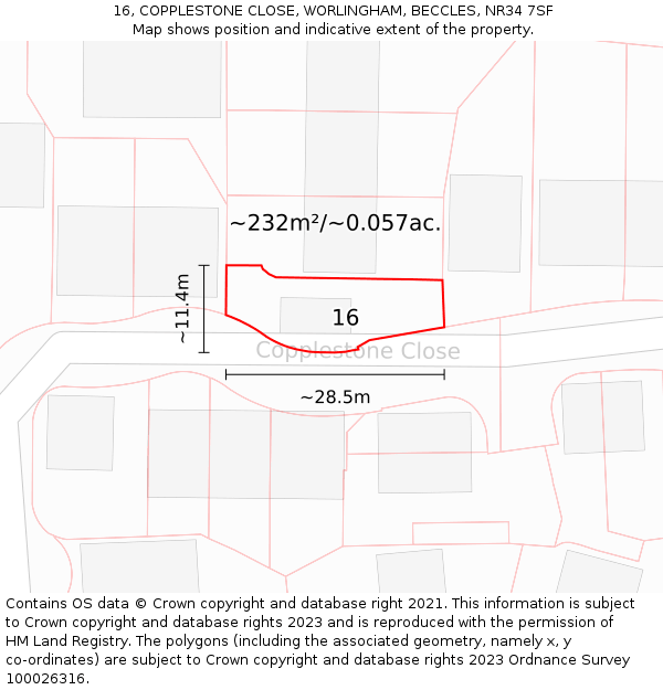 16, COPPLESTONE CLOSE, WORLINGHAM, BECCLES, NR34 7SF: Plot and title map