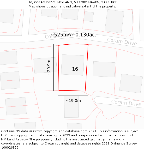16, CORAM DRIVE, NEYLAND, MILFORD HAVEN, SA73 1PZ: Plot and title map