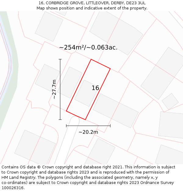 16, CORBRIDGE GROVE, LITTLEOVER, DERBY, DE23 3UL: Plot and title map