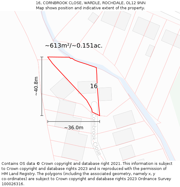 16, CORNBROOK CLOSE, WARDLE, ROCHDALE, OL12 9NN: Plot and title map