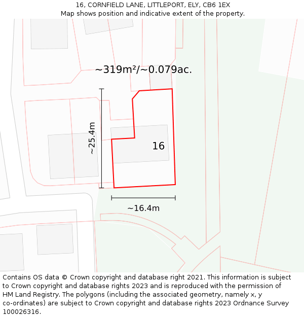16, CORNFIELD LANE, LITTLEPORT, ELY, CB6 1EX: Plot and title map