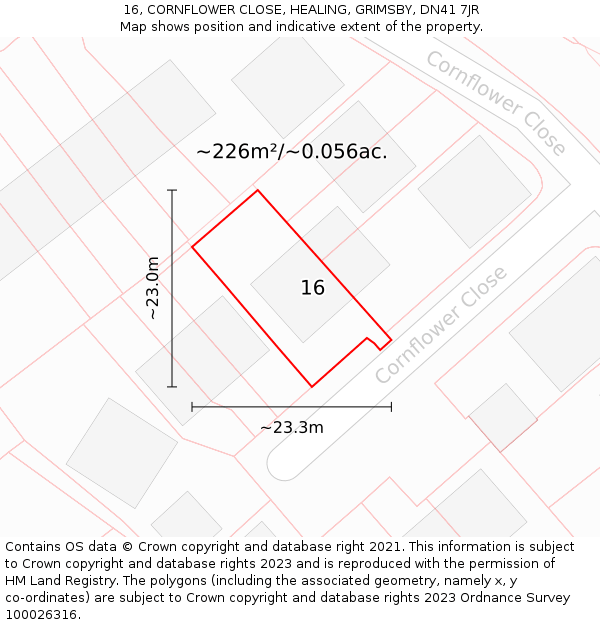 16, CORNFLOWER CLOSE, HEALING, GRIMSBY, DN41 7JR: Plot and title map