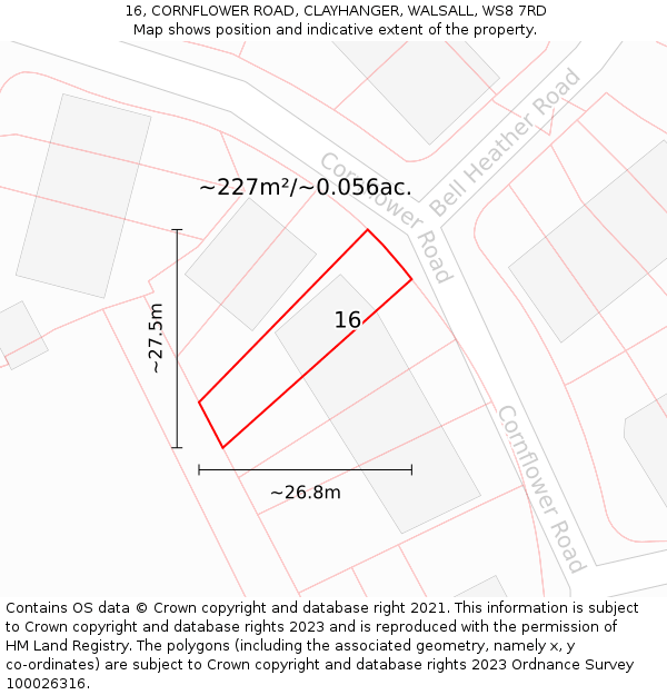 16, CORNFLOWER ROAD, CLAYHANGER, WALSALL, WS8 7RD: Plot and title map