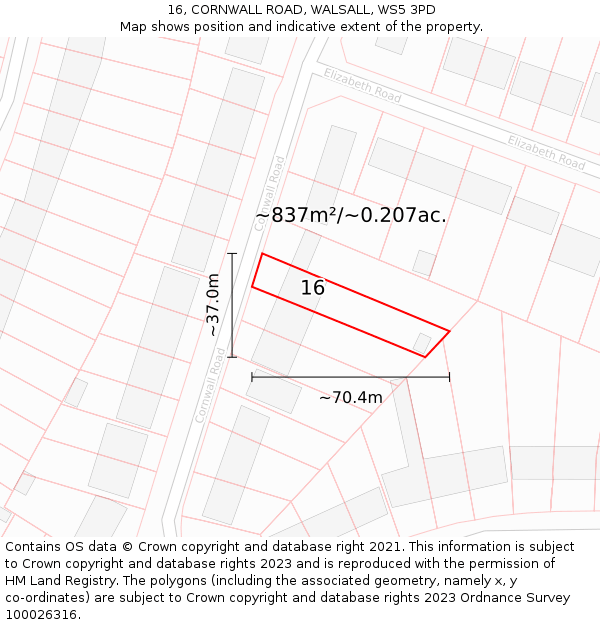 16, CORNWALL ROAD, WALSALL, WS5 3PD: Plot and title map