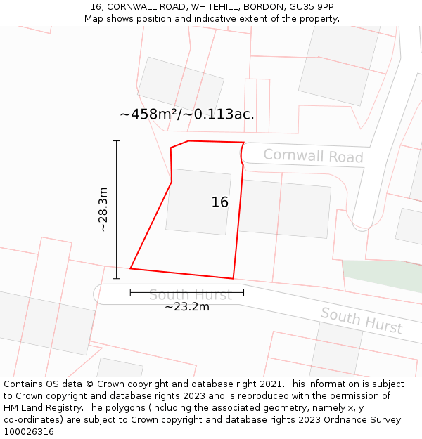 16, CORNWALL ROAD, WHITEHILL, BORDON, GU35 9PP: Plot and title map