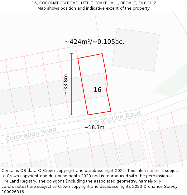 16, CORONATION ROAD, LITTLE CRAKEHALL, BEDALE, DL8 1HZ: Plot and title map