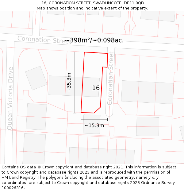 16, CORONATION STREET, SWADLINCOTE, DE11 0QB: Plot and title map