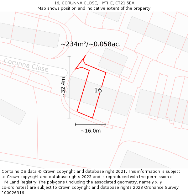 16, CORUNNA CLOSE, HYTHE, CT21 5EA: Plot and title map