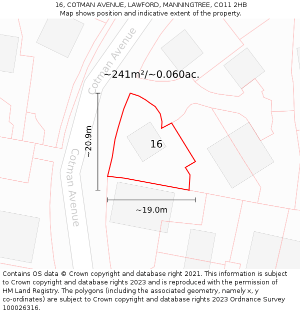 16, COTMAN AVENUE, LAWFORD, MANNINGTREE, CO11 2HB: Plot and title map