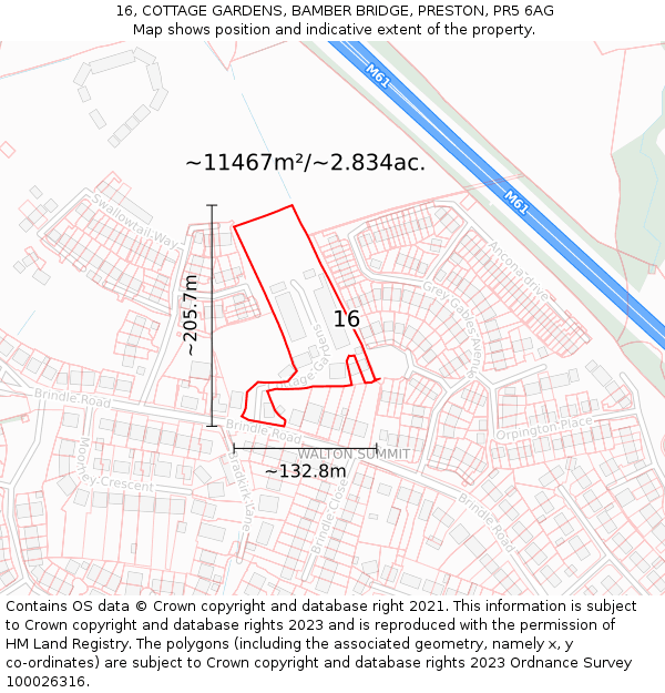 16, COTTAGE GARDENS, BAMBER BRIDGE, PRESTON, PR5 6AG: Plot and title map