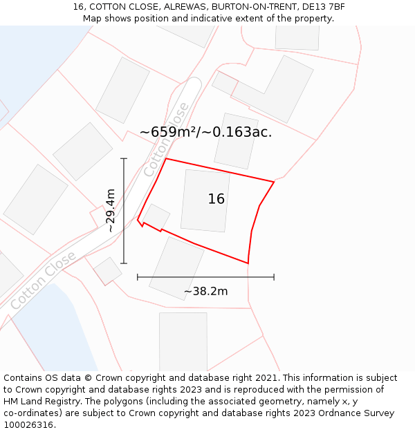 16, COTTON CLOSE, ALREWAS, BURTON-ON-TRENT, DE13 7BF: Plot and title map