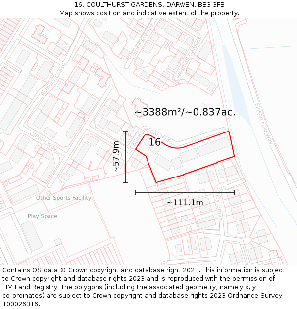 16, COULTHURST GARDENS, DARWEN, BB3 3FB: Plot and title map