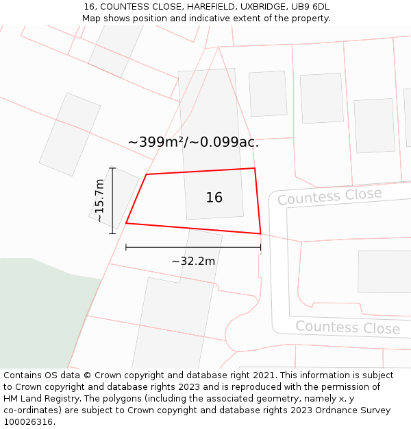 16, COUNTESS CLOSE, HAREFIELD, UXBRIDGE, UB9 6DL: Plot and title map