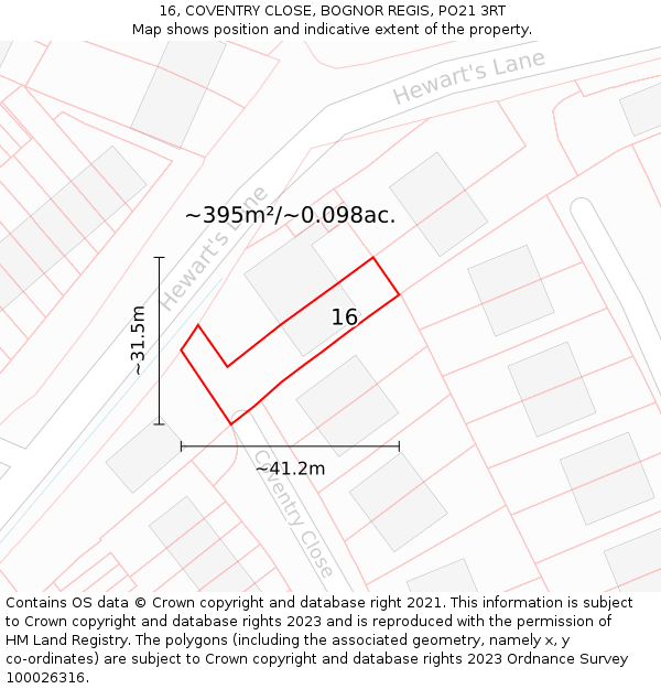 16, COVENTRY CLOSE, BOGNOR REGIS, PO21 3RT: Plot and title map