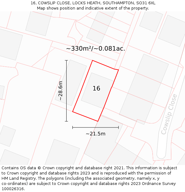 16, COWSLIP CLOSE, LOCKS HEATH, SOUTHAMPTON, SO31 6XL: Plot and title map