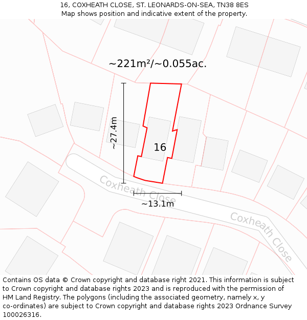 16, COXHEATH CLOSE, ST. LEONARDS-ON-SEA, TN38 8ES: Plot and title map