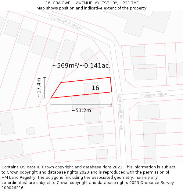 16, CRAIGWELL AVENUE, AYLESBURY, HP21 7AE: Plot and title map