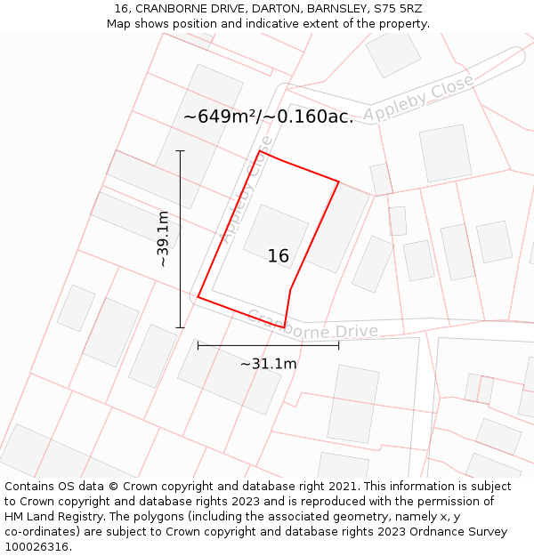 16, CRANBORNE DRIVE, DARTON, BARNSLEY, S75 5RZ: Plot and title map