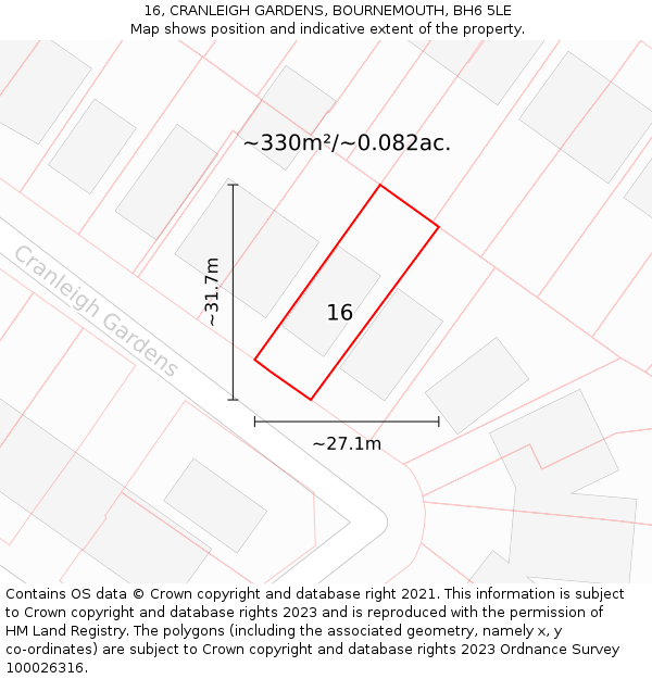16, CRANLEIGH GARDENS, BOURNEMOUTH, BH6 5LE: Plot and title map