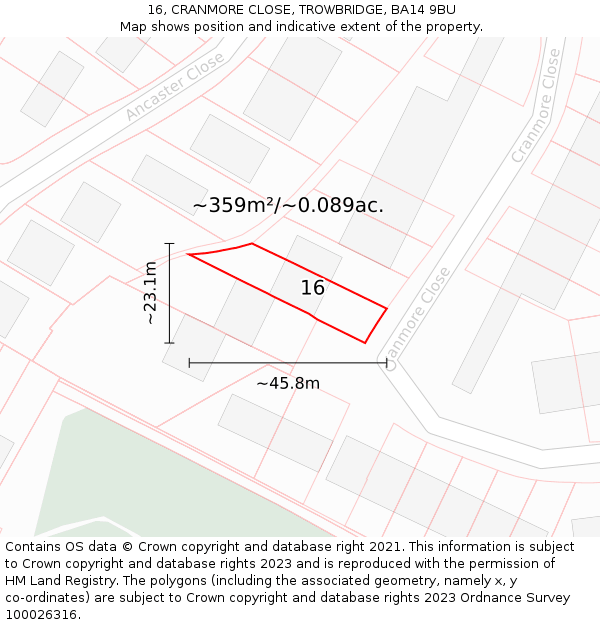 16, CRANMORE CLOSE, TROWBRIDGE, BA14 9BU: Plot and title map