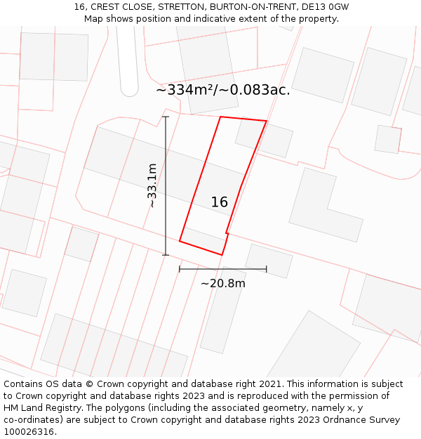 16, CREST CLOSE, STRETTON, BURTON-ON-TRENT, DE13 0GW: Plot and title map