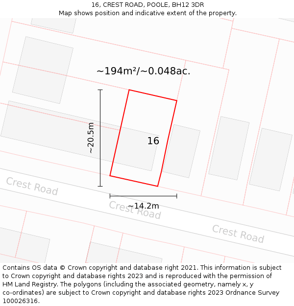 16, CREST ROAD, POOLE, BH12 3DR: Plot and title map