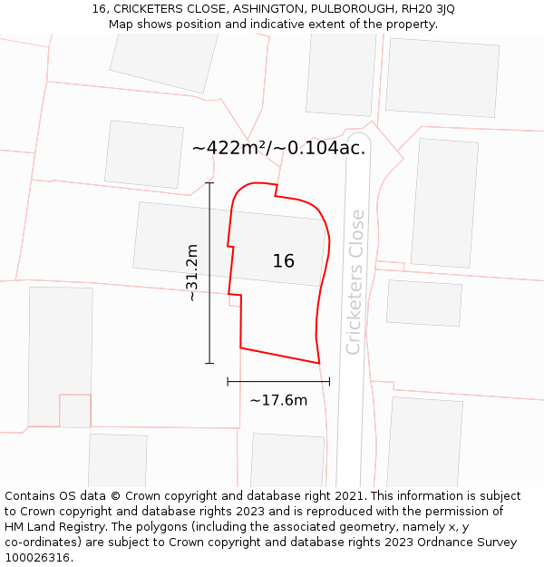 16, CRICKETERS CLOSE, ASHINGTON, PULBOROUGH, RH20 3JQ: Plot and title map
