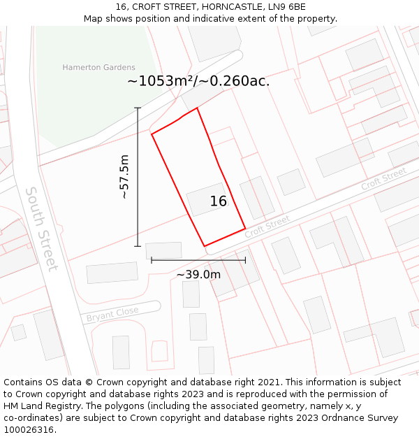 16, CROFT STREET, HORNCASTLE, LN9 6BE: Plot and title map