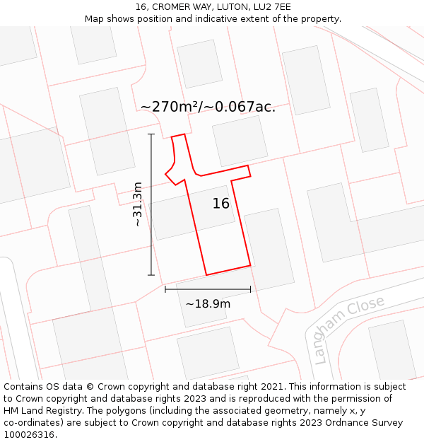 16, CROMER WAY, LUTON, LU2 7EE: Plot and title map
