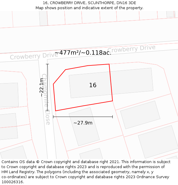 16, CROWBERRY DRIVE, SCUNTHORPE, DN16 3DE: Plot and title map