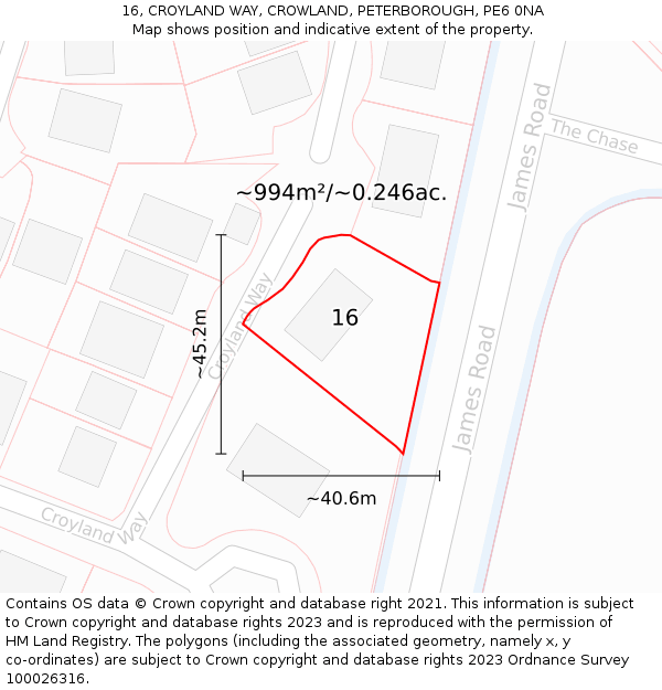 16, CROYLAND WAY, CROWLAND, PETERBOROUGH, PE6 0NA: Plot and title map