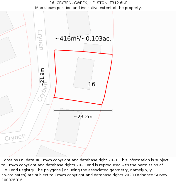 16, CRYBEN, GWEEK, HELSTON, TR12 6UP: Plot and title map