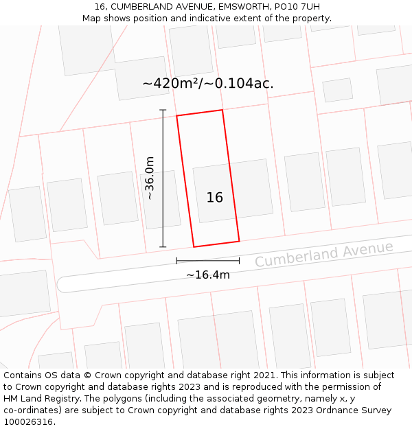 16, CUMBERLAND AVENUE, EMSWORTH, PO10 7UH: Plot and title map