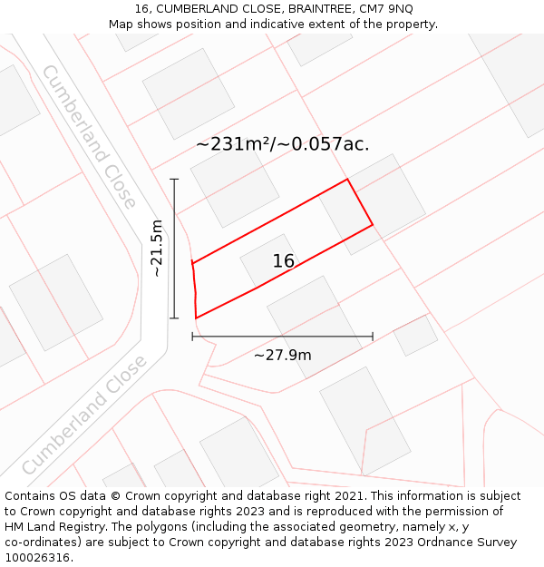 16, CUMBERLAND CLOSE, BRAINTREE, CM7 9NQ: Plot and title map