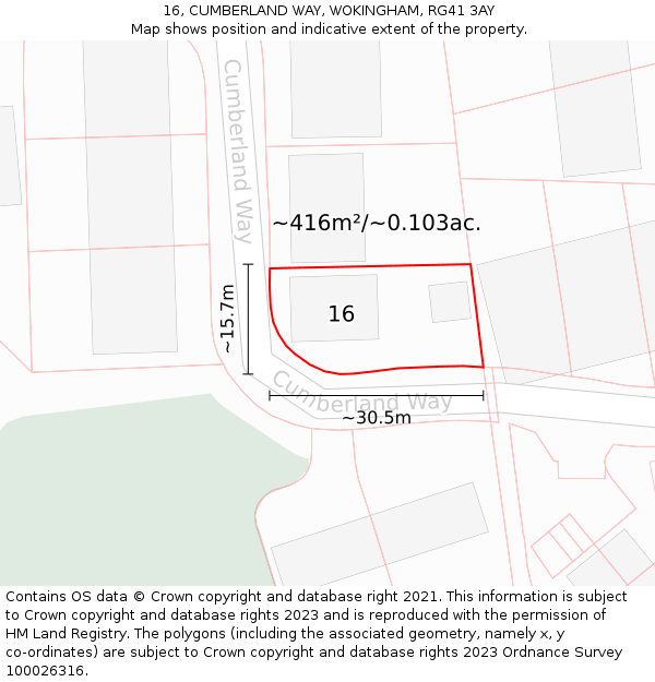 16, CUMBERLAND WAY, WOKINGHAM, RG41 3AY: Plot and title map