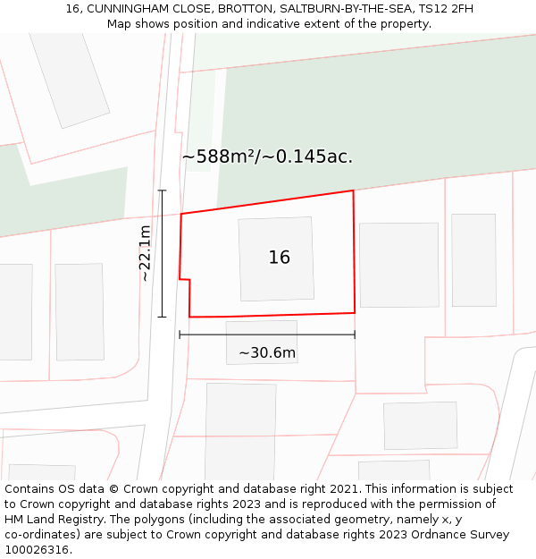 16, CUNNINGHAM CLOSE, BROTTON, SALTBURN-BY-THE-SEA, TS12 2FH: Plot and title map
