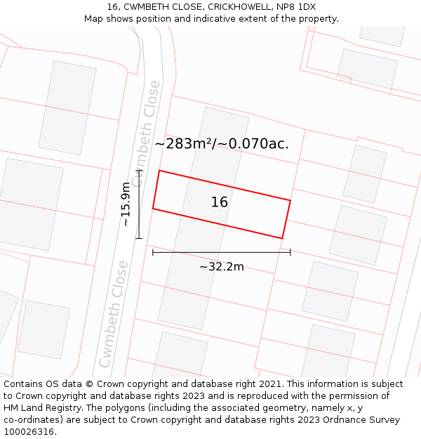16, CWMBETH CLOSE, CRICKHOWELL, NP8 1DX: Plot and title map