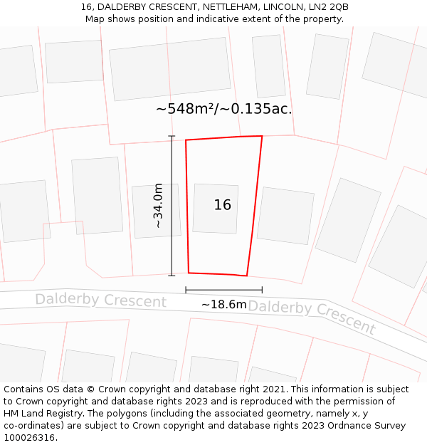 16, DALDERBY CRESCENT, NETTLEHAM, LINCOLN, LN2 2QB: Plot and title map