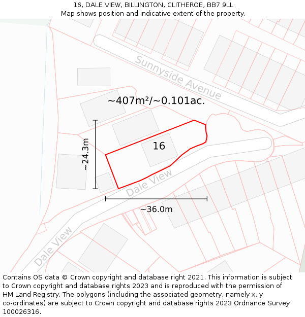 16, DALE VIEW, BILLINGTON, CLITHEROE, BB7 9LL: Plot and title map