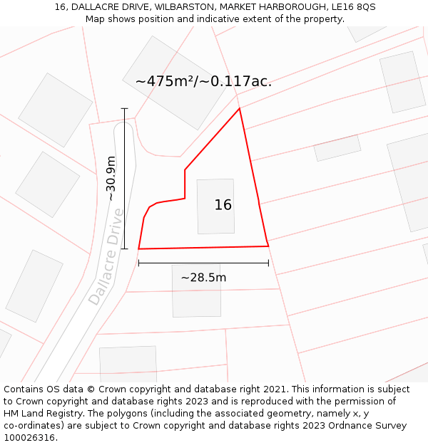 16, DALLACRE DRIVE, WILBARSTON, MARKET HARBOROUGH, LE16 8QS: Plot and title map