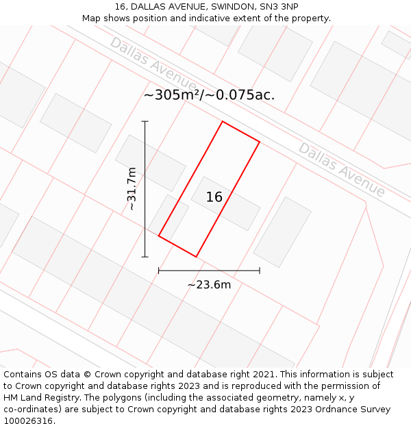 16, DALLAS AVENUE, SWINDON, SN3 3NP: Plot and title map