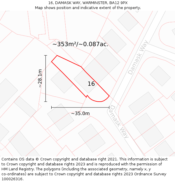 16, DAMASK WAY, WARMINSTER, BA12 9PX: Plot and title map