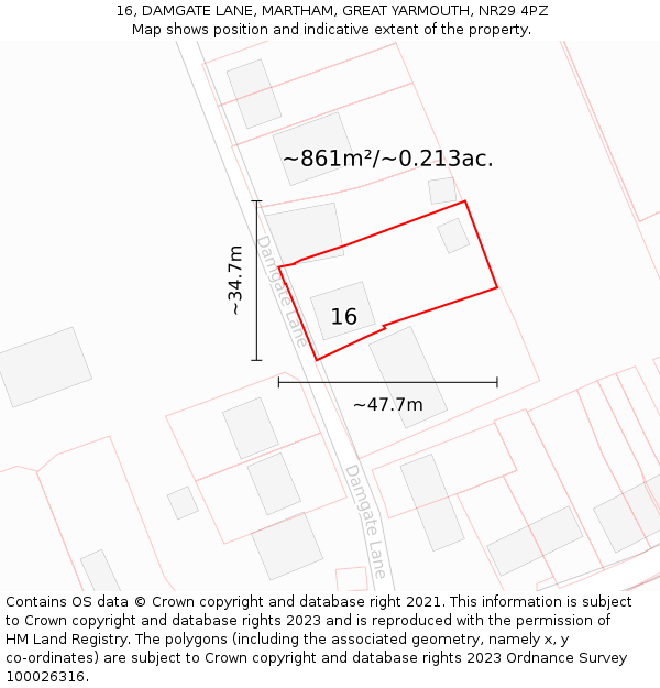 16, DAMGATE LANE, MARTHAM, GREAT YARMOUTH, NR29 4PZ: Plot and title map