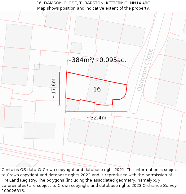 16, DAMSON CLOSE, THRAPSTON, KETTERING, NN14 4RG: Plot and title map