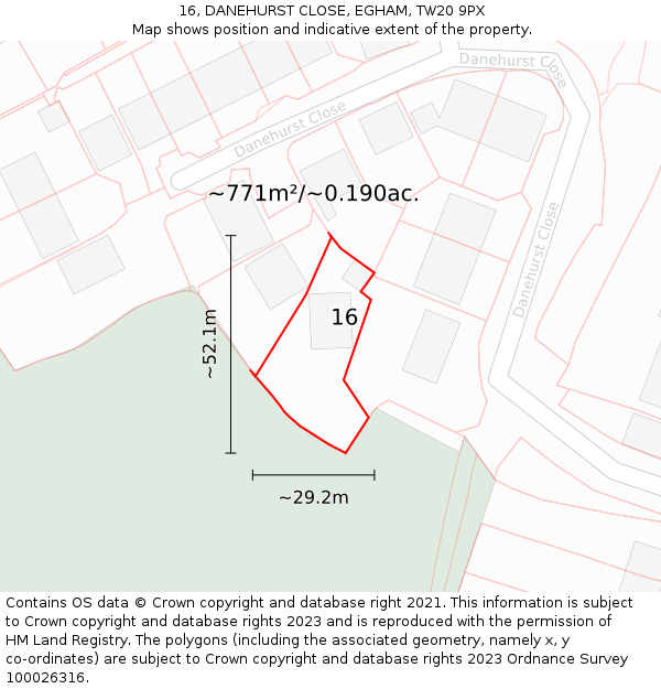 16, DANEHURST CLOSE, EGHAM, TW20 9PX: Plot and title map